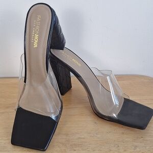 Fashion Nova Black Quilted Block Heel Clear Strap Mules Size 11​